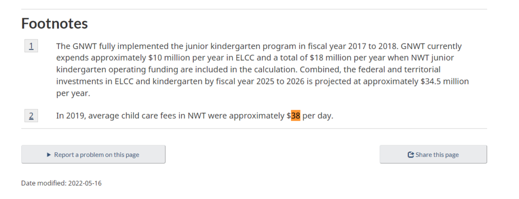 Footnote on Daycare Fees in agrrement between GNWT and federal government on daycare subsidy.
